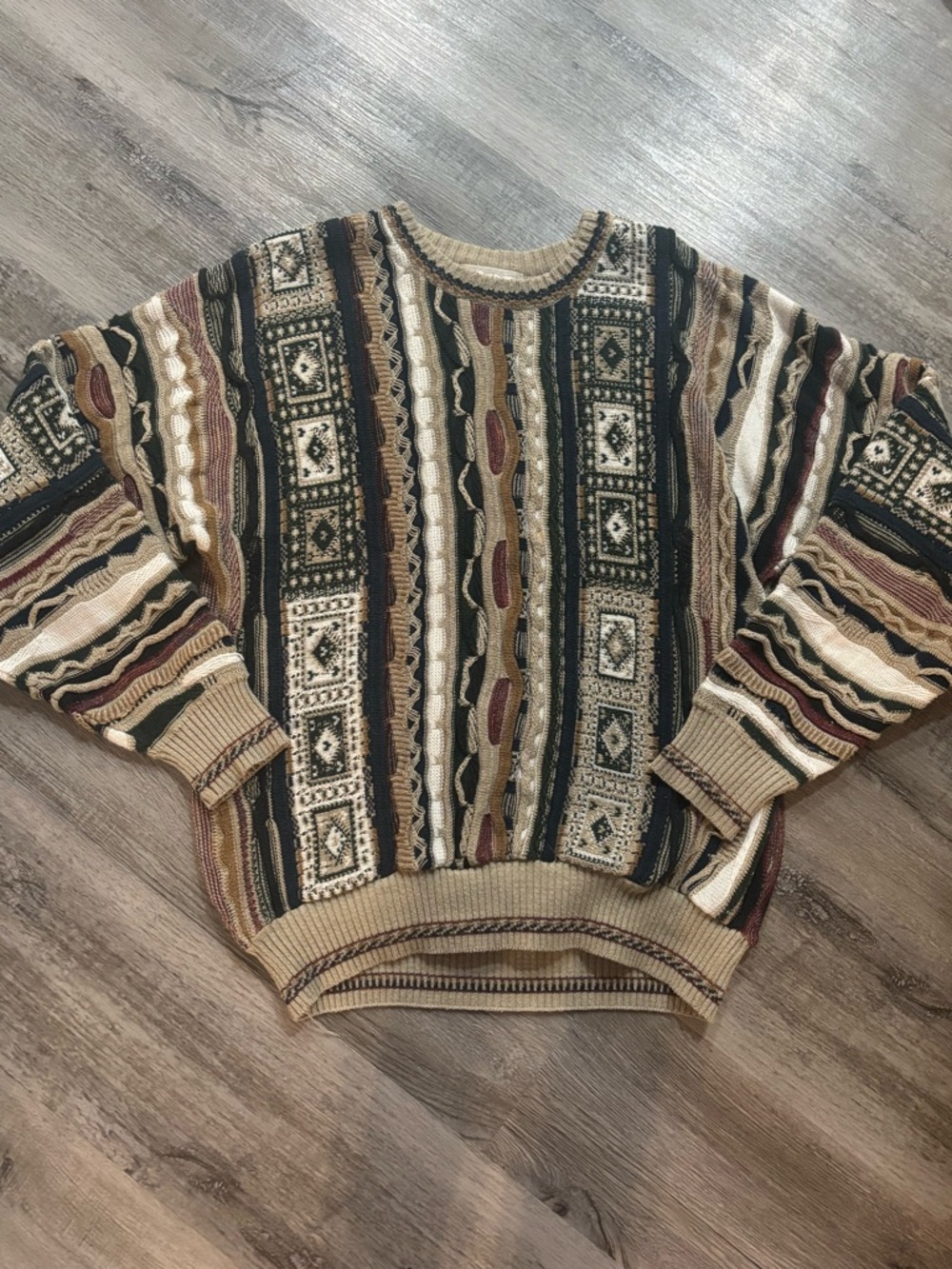 Vintage Murano Multicolor Geometric Crewneck Sweater - Beige, Brown & Green